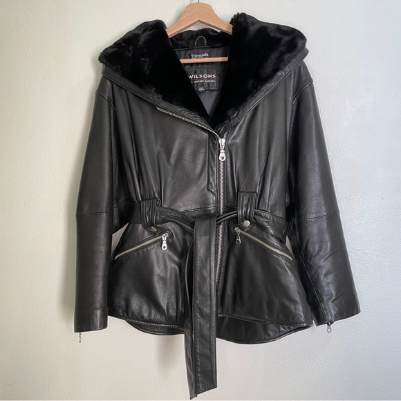 Wilsons Leather Hooded Belted Biker Jacket with Thinsulate Thermal Insulation - Picture 3 of 16